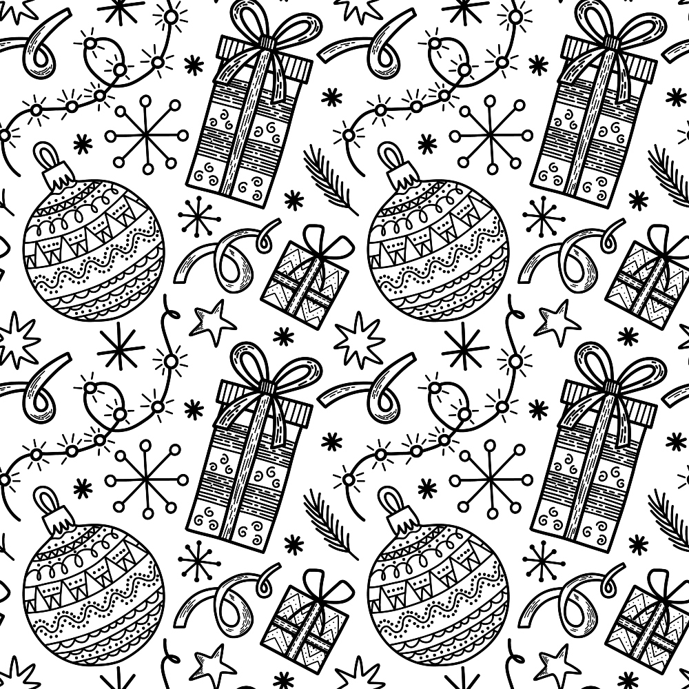 Black and White Christmas Sketches Pattern 4 Quilting Cotton Fabric