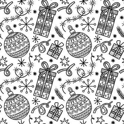 Black and White Christmas Sketches Pattern 4 Quilting Cotton Fabric