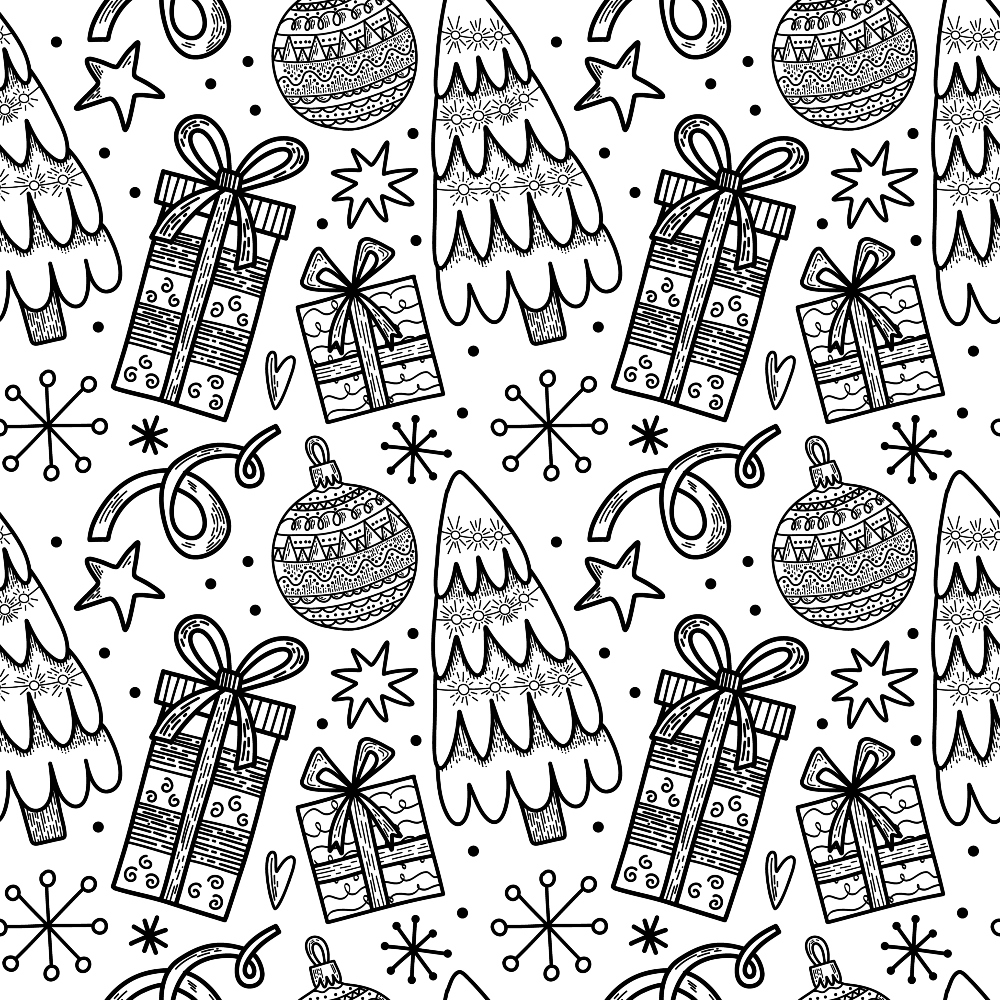 Black and White Christmas Sketches Pattern 5 Quilting Cotton Fabric