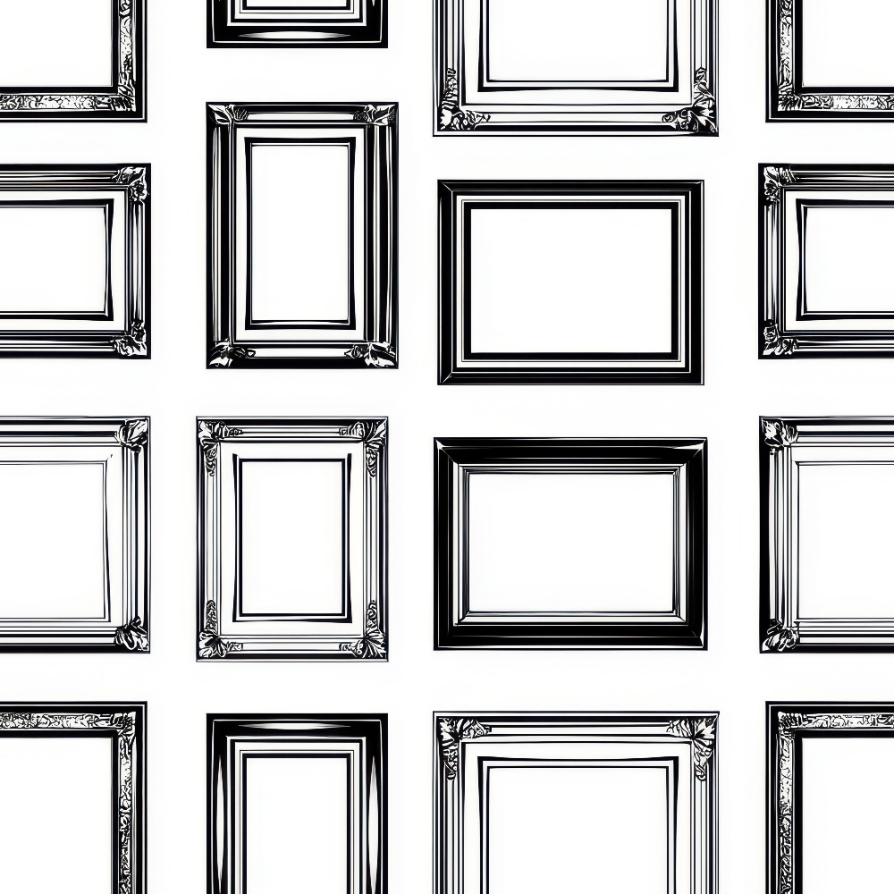 A collection of empty, black and white picture frames arranged in rows on a white background.