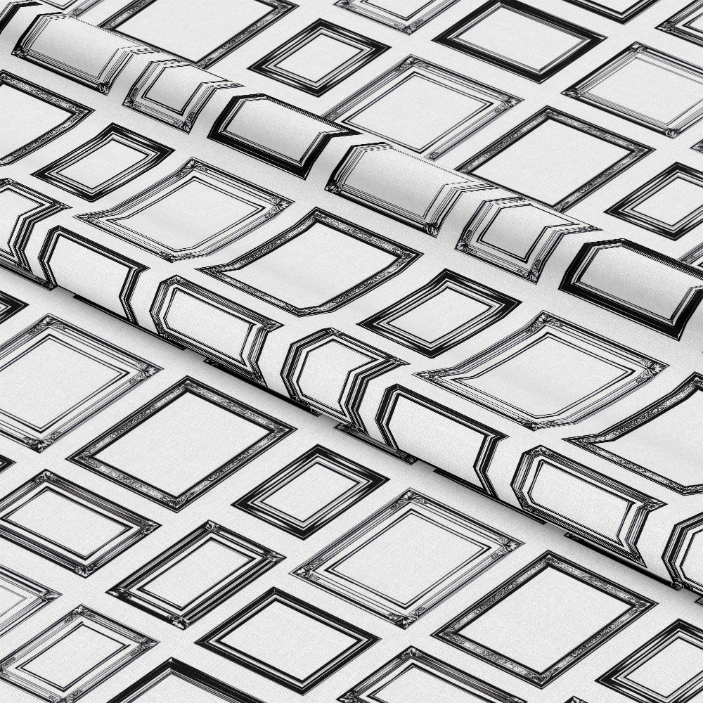 Black and white fabric with a pattern of empty picture frames in various shapes and sizes, neatly folded.