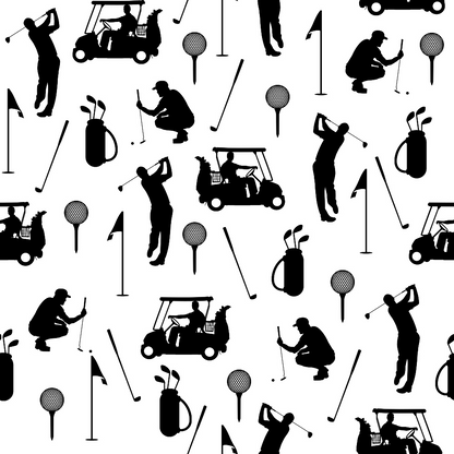 Black and White Silhouette Golfing Quilting Cotton Fabric