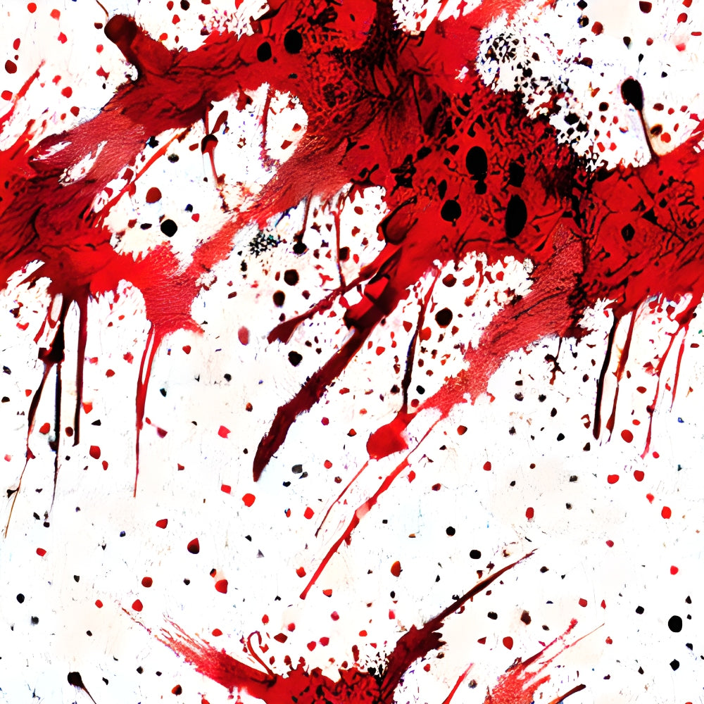 Abstract artwork with red and black paint splatters on a white background, featuring drips and splashes in various directions.