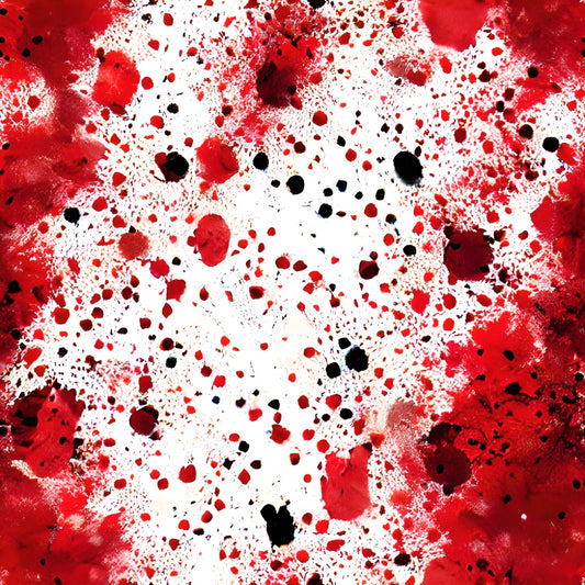 Abstract artwork with red and black splatters on a white background, resembling a chaotic spray of paint.