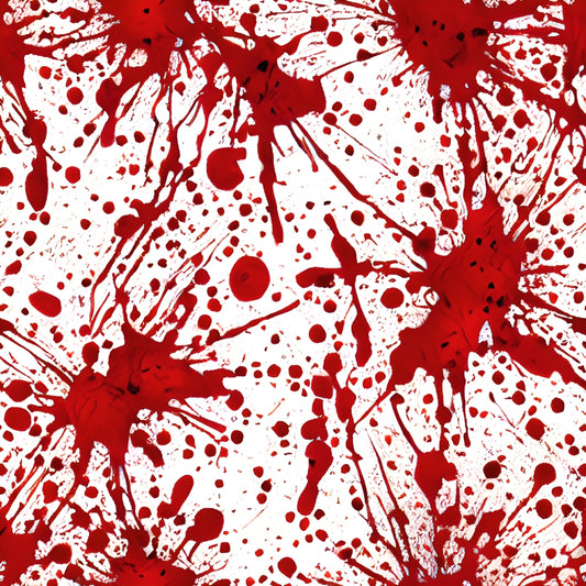 Red paint splatters are scattered across a white surface, creating a chaotic and dynamic pattern with various shapes and intensities.