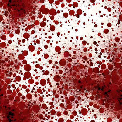 Abstract red and white image with clusters of round red spots and various textures across a white background.