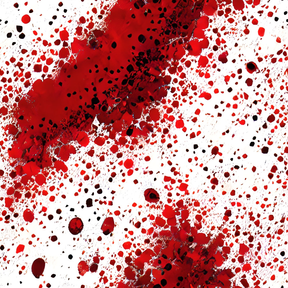 Abstract red and black paint splatters on white background, featuring a central diagonal streak with varying dot sizes and paint density.