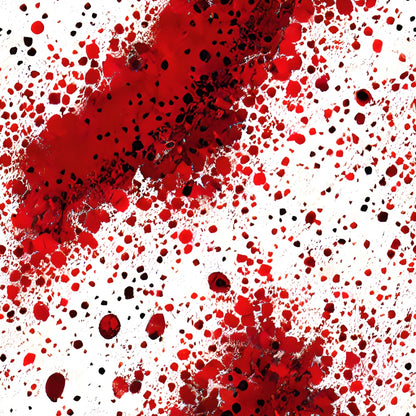 Abstract red and black paint splatters on white background, featuring a central diagonal streak with varying dot sizes and paint density.