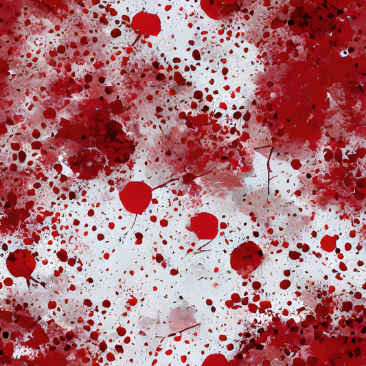 Abstract art with red splatters and splashes on a white background, creating a dynamic, chaotic pattern.