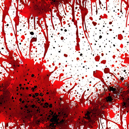 Abstract red and black splatters on a white background, resembling ink or paint drips and splashes.