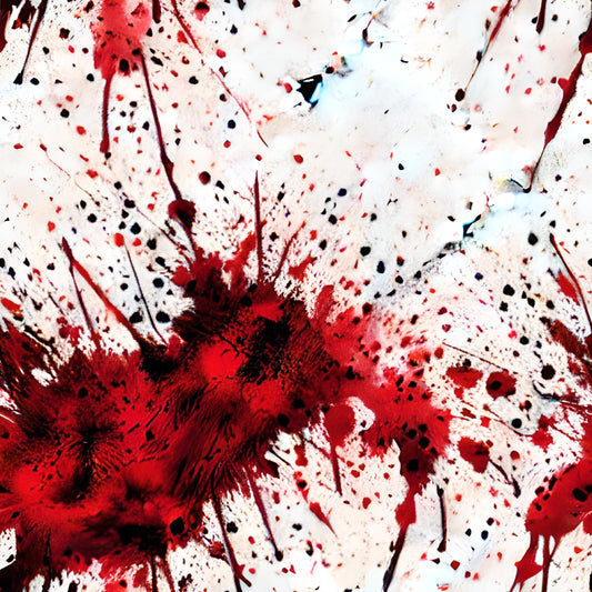 Abstract art with bold red and black splatters on a white background, resembling dynamic paint splashes.