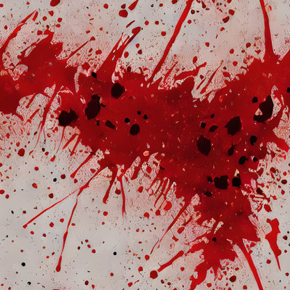 Abstract art with bold red splatters and drips on a white background.