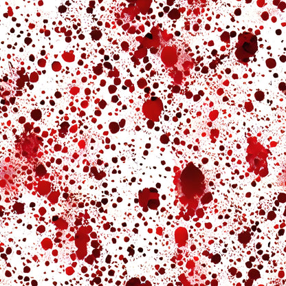 Abstract image with splattered red and black dots and blotches on a white background, resembling a chaotic paint splash pattern.