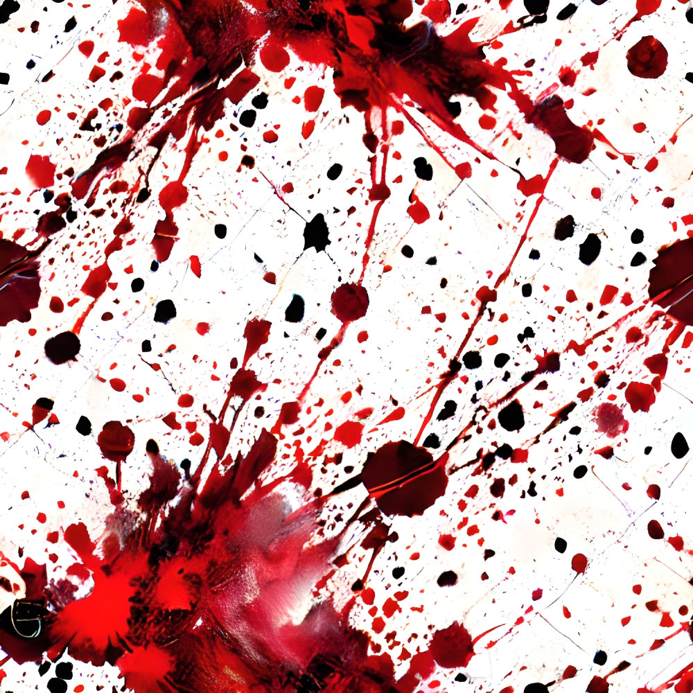 Abstract art with red and black paint splatters on a white background.