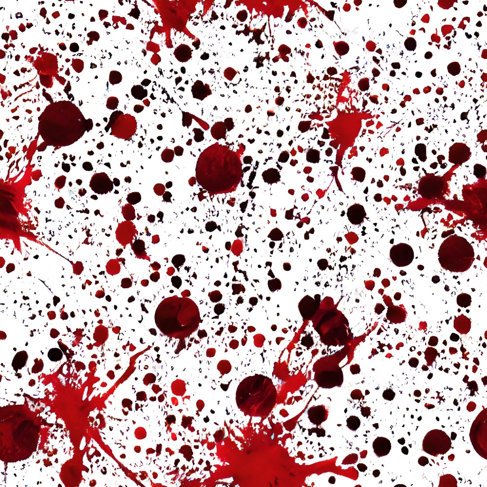 Abstract image with red and black splatters and dots on a white background, resembling paint or ink.