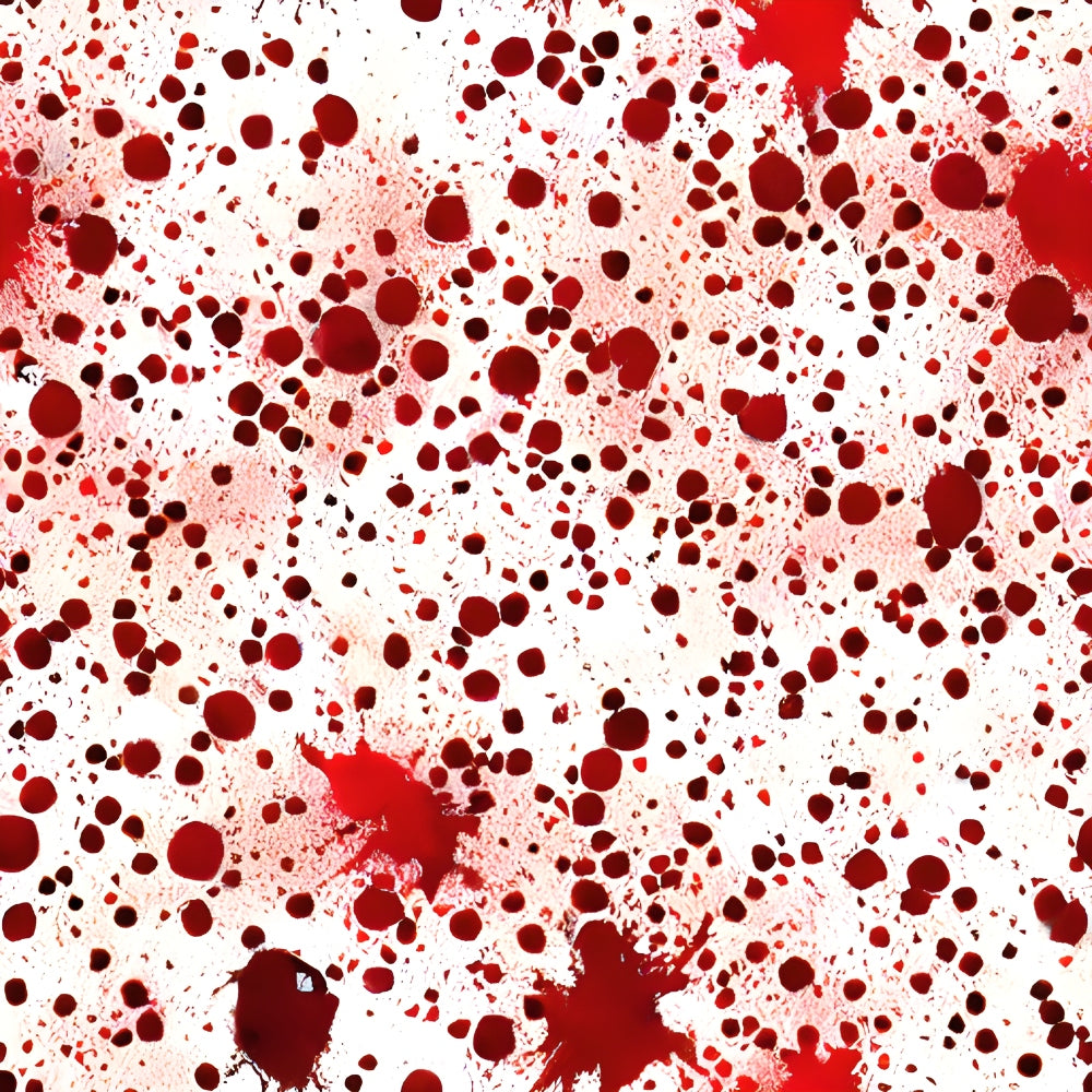 A dense pattern of red paint splatters and droplets on a white background.