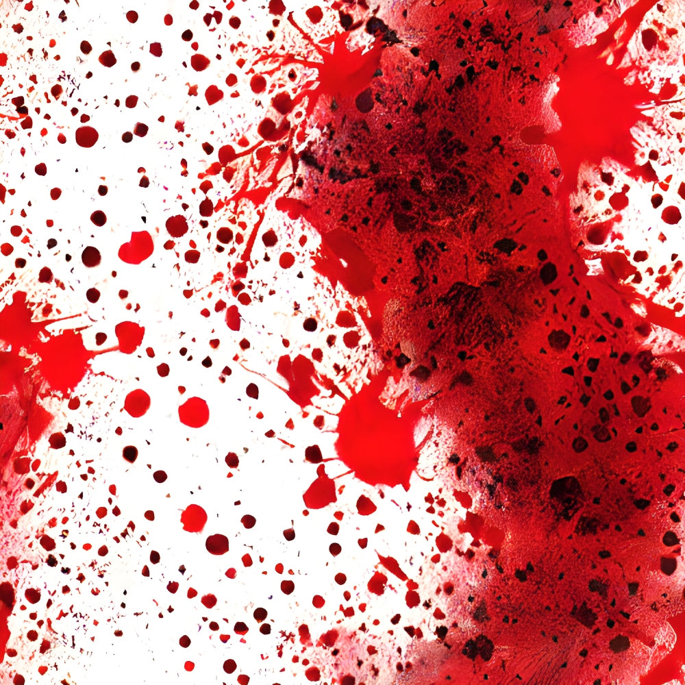 Red paint splatters and stains on a white background, creating an abstract and chaotic pattern.