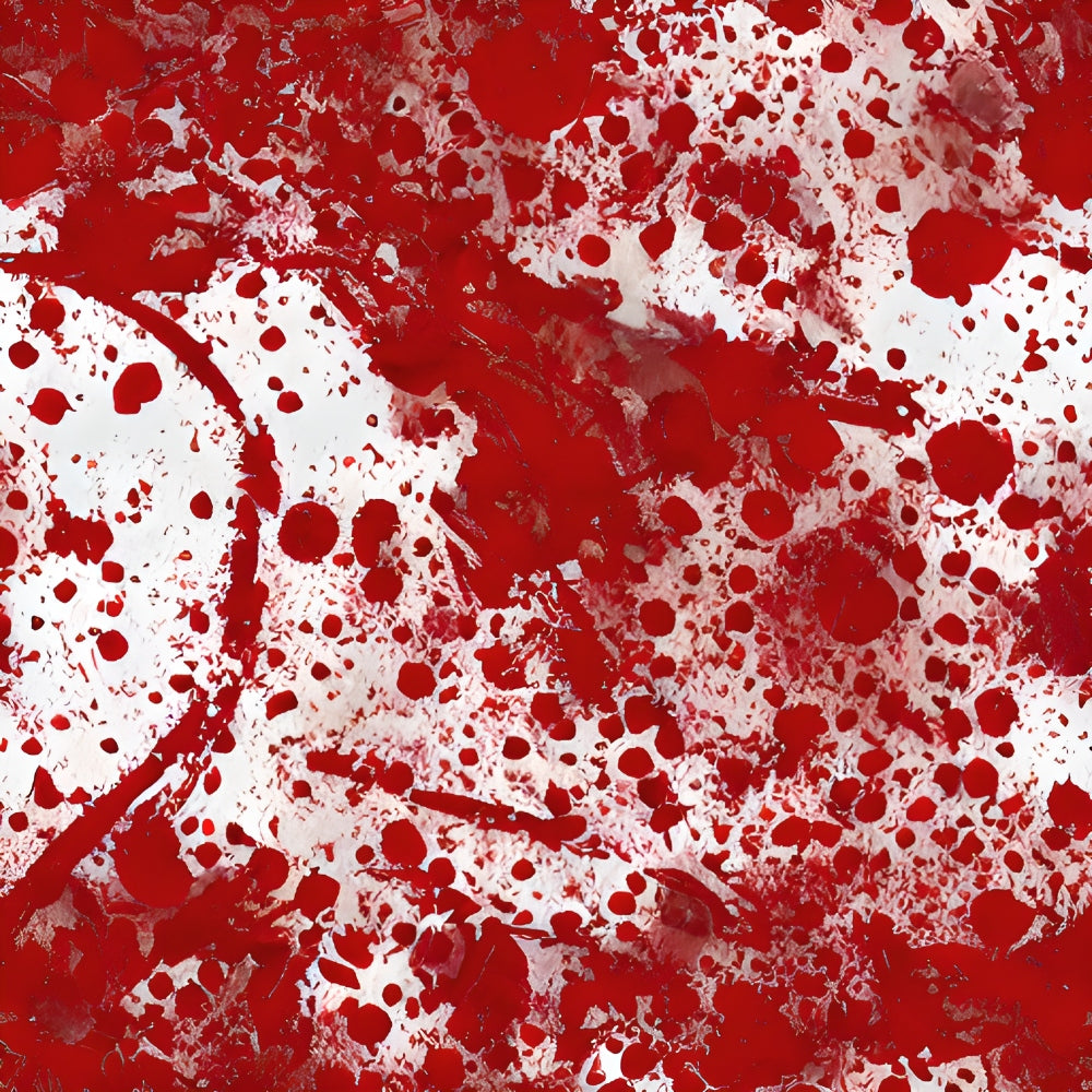 Abstract painting with bold red splatters on a white background, creating a chaotic and dynamic pattern.