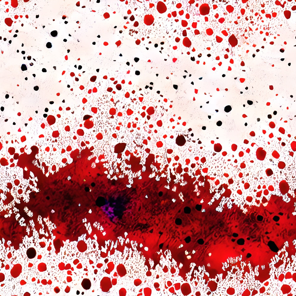 Abstract artwork featuring a pattern of red, black, and white splatters and textures, creating a dynamic and chaotic visual effect.