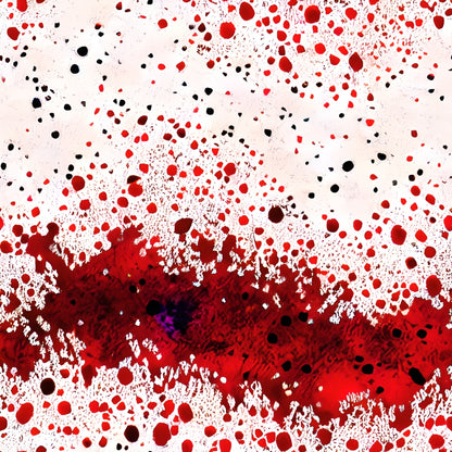 Abstract artwork featuring a pattern of red, black, and white splatters and textures, creating a dynamic and chaotic visual effect.