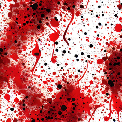 Abstract art with splatters and drips of red and black paint on a white background.