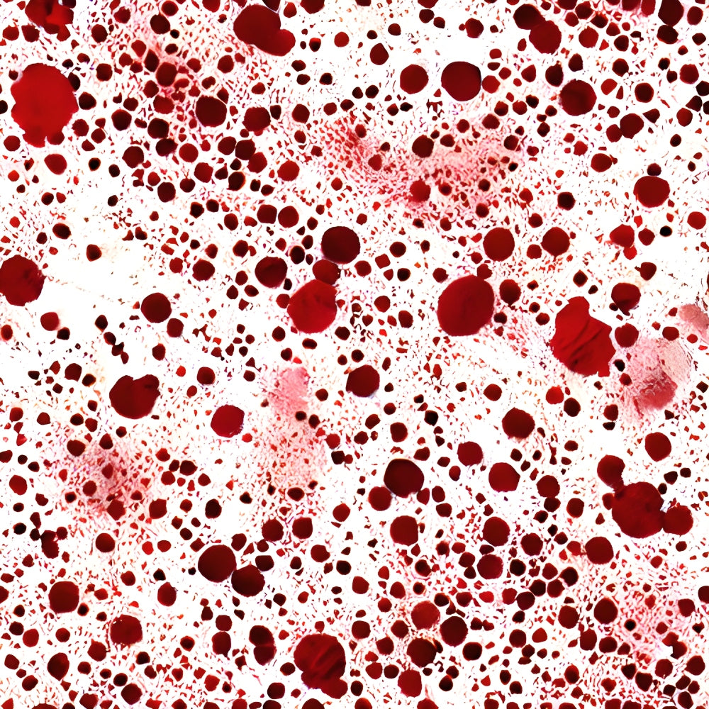 Red splatters and dots of varying sizes scattered across a white background, creating a dynamic, abstract pattern.