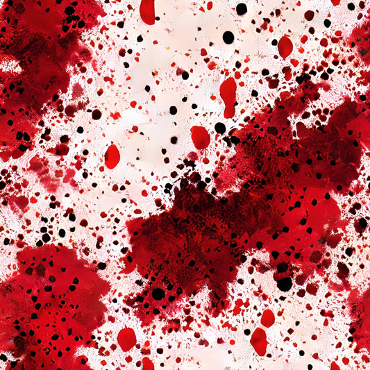 Abstract art with red and black splatters and spots on a white background, resembling a chaotic or blood-splatter pattern.