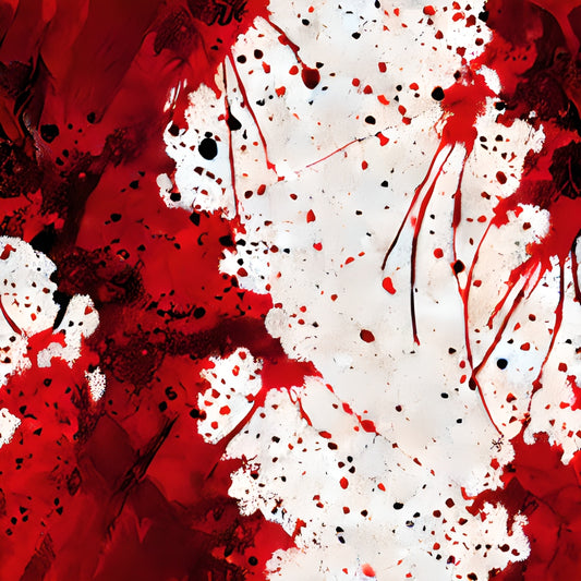 Abstract artwork with bold red and white splashes and drips across the canvas, creating a dynamic and intense visual contrast.