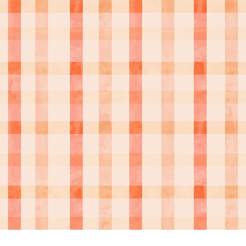 A pattern of orange and cream-colored plaid featuring vertical and horizontal stripes forming squares.