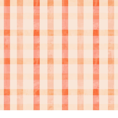 A pattern of orange and cream-colored plaid featuring vertical and horizontal stripes forming squares.