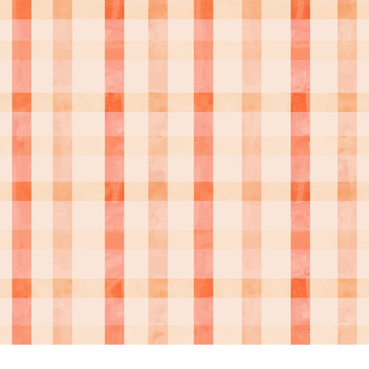 A pattern of orange and cream-colored plaid featuring vertical and horizontal stripes forming squares.