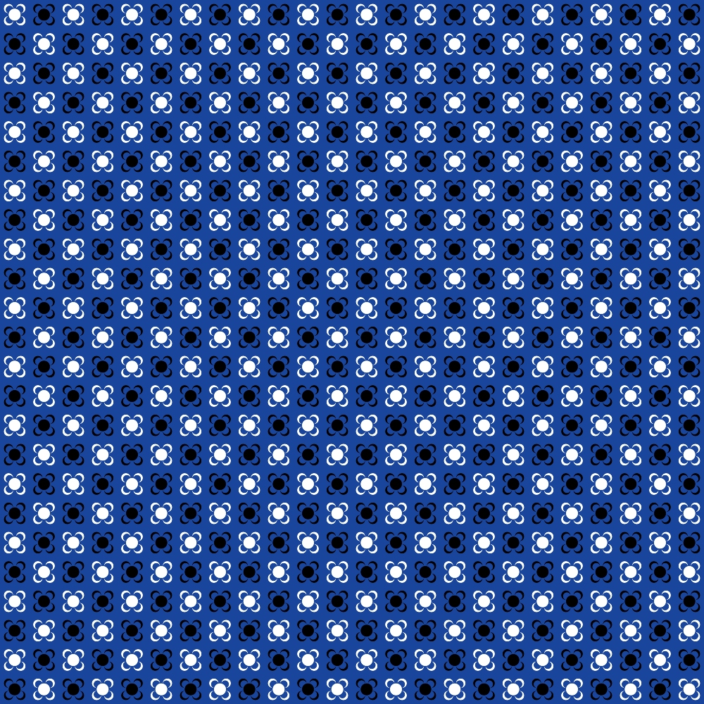 Pattern of blue and white geometric shapes on a navy background, forming a repeating, symmetrical design.