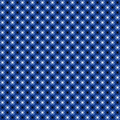 Pattern of blue and white geometric shapes on a navy background, forming a repeating, symmetrical design.