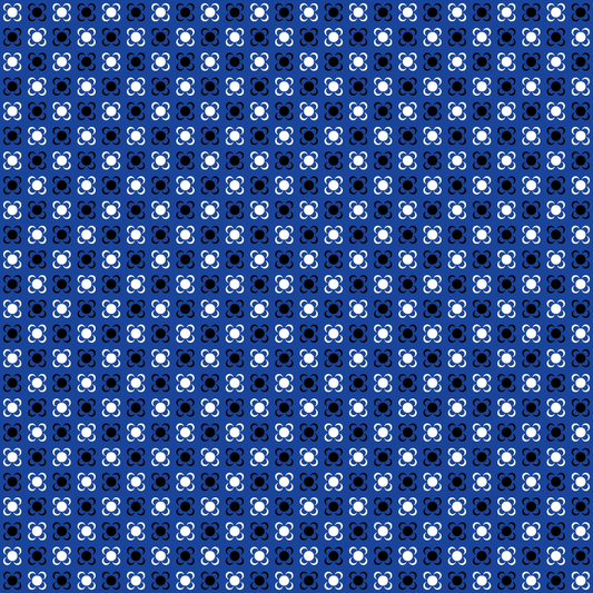 Pattern of blue and white geometric shapes on a navy background, forming a repeating, symmetrical design.