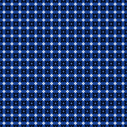 A geometric pattern with blue, white, and purple star-like shapes arranged in a symmetrical, repeating grid on a dark blue background.