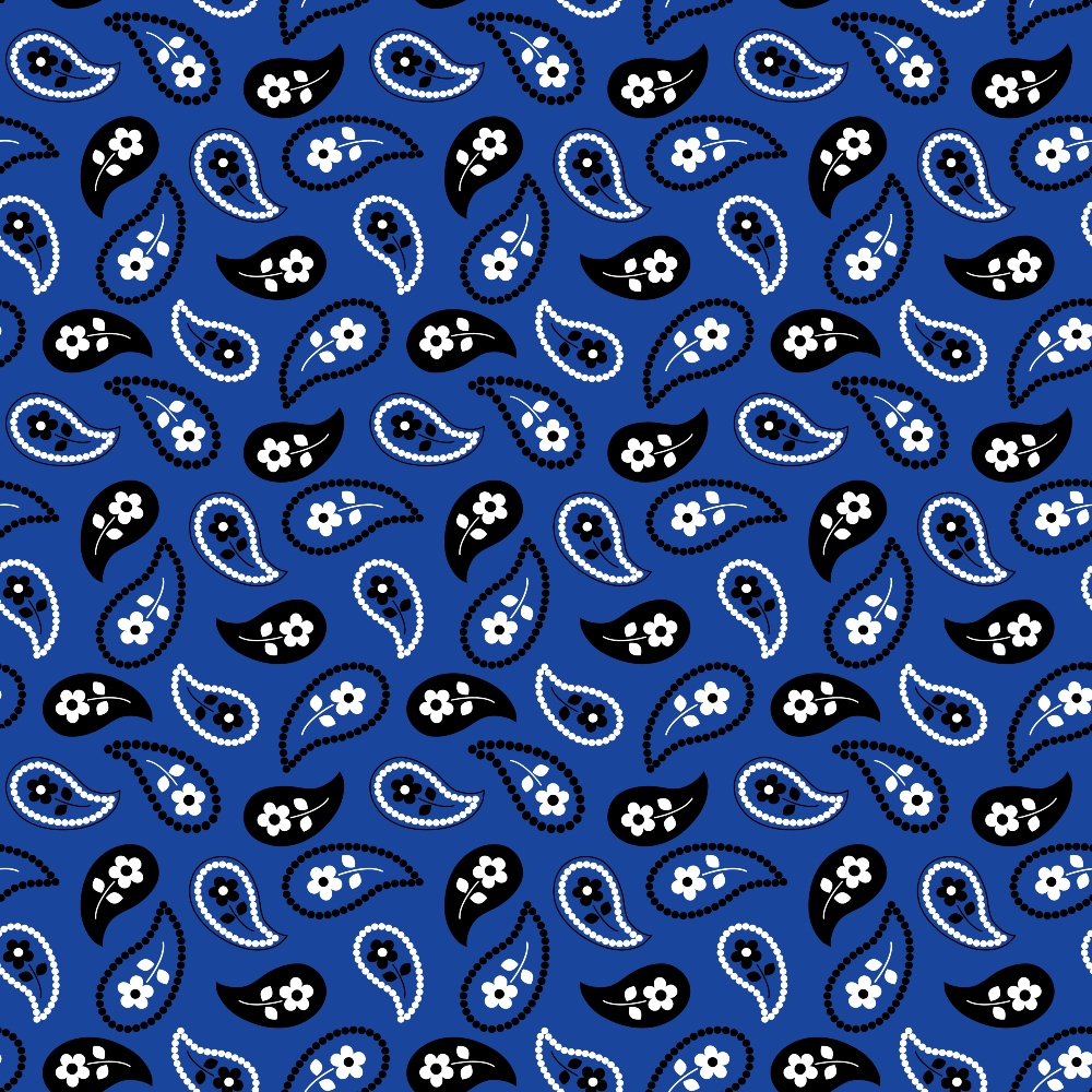 Blue background with a pattern of black and blue paisley designs, each containing small white flowers.