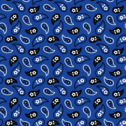 Blue background with a pattern of black and blue paisley designs, each containing small white flowers.