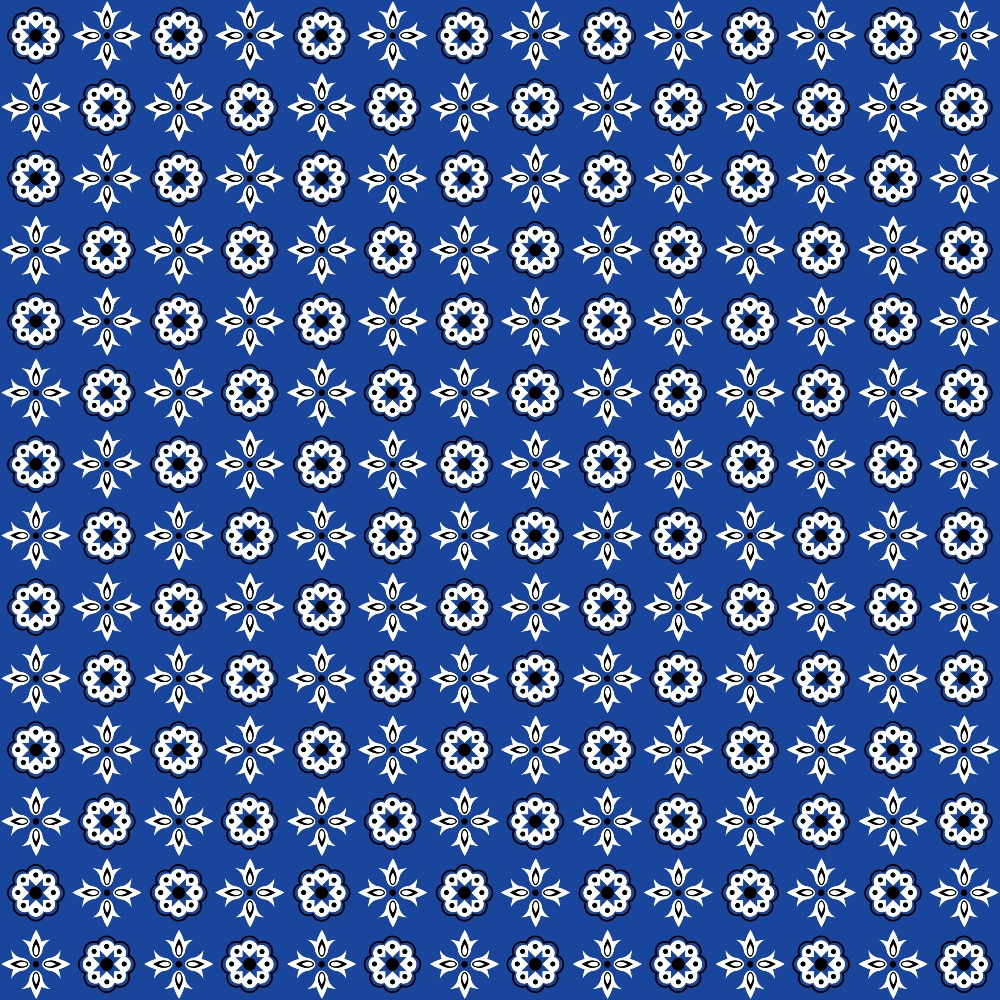 Blue background with a symmetrical pattern of white floral and star designs.