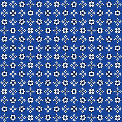 Blue background with a symmetrical pattern of white floral and star designs.