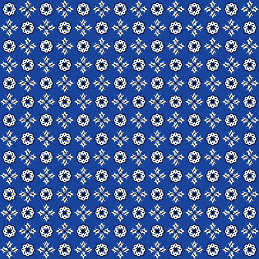 Blue background with a symmetrical pattern of white floral and star designs.