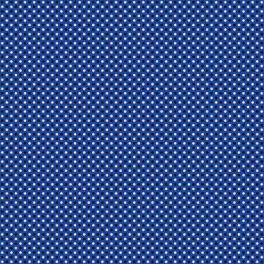 A blue background with a regular pattern of small white polka dots.