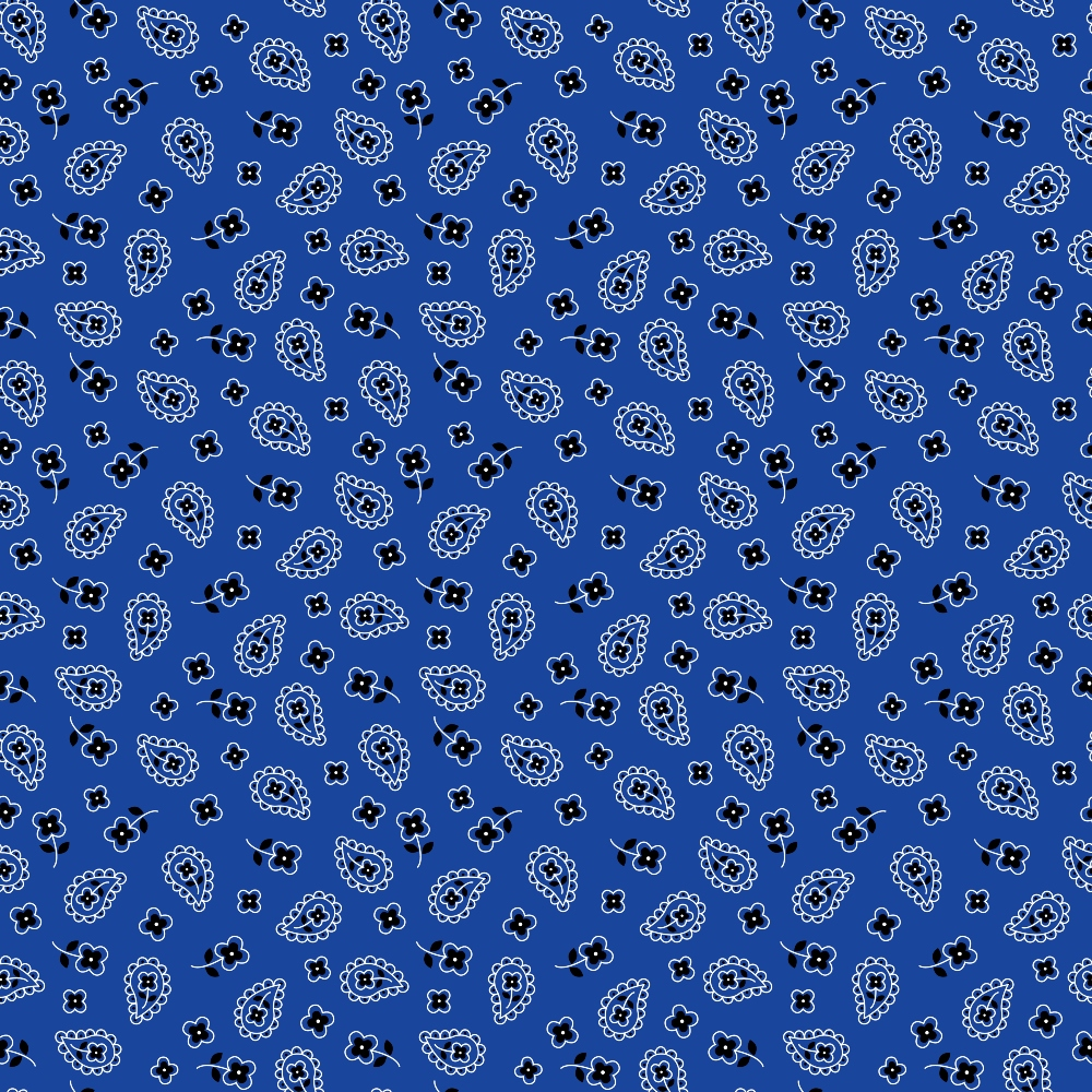 Blue background with a pattern of small, white paisley shapes and black clover-like symbols scattered throughout.