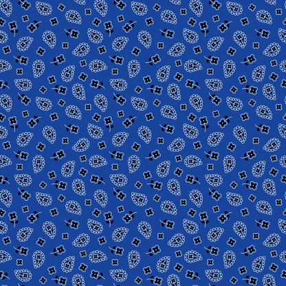 Blue background with a pattern of small, white paisley shapes and black clover-like symbols scattered throughout.