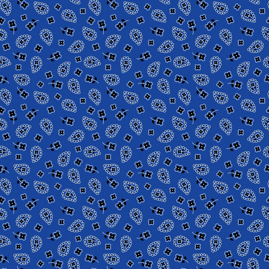 Blue background with a pattern of small, white paisley shapes and black clover-like symbols scattered throughout.