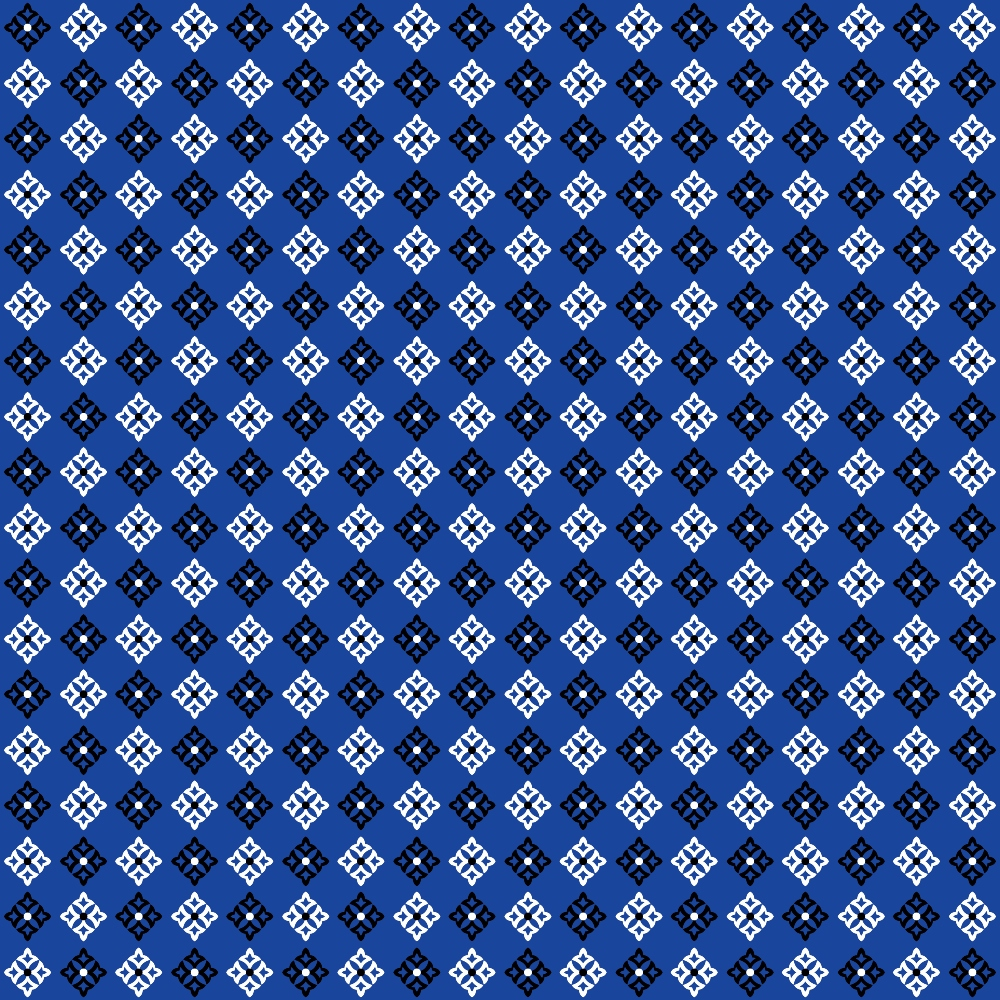 Pattern of small, white geometric shapes arranged in a diamond grid on a blue background.