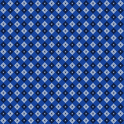 Pattern of small, white geometric shapes arranged in a diamond grid on a blue background.