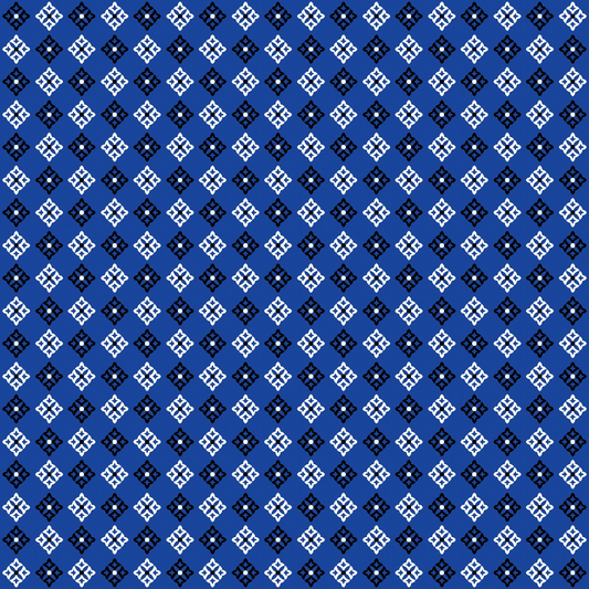 Pattern of small, white geometric shapes arranged in a diamond grid on a blue background.