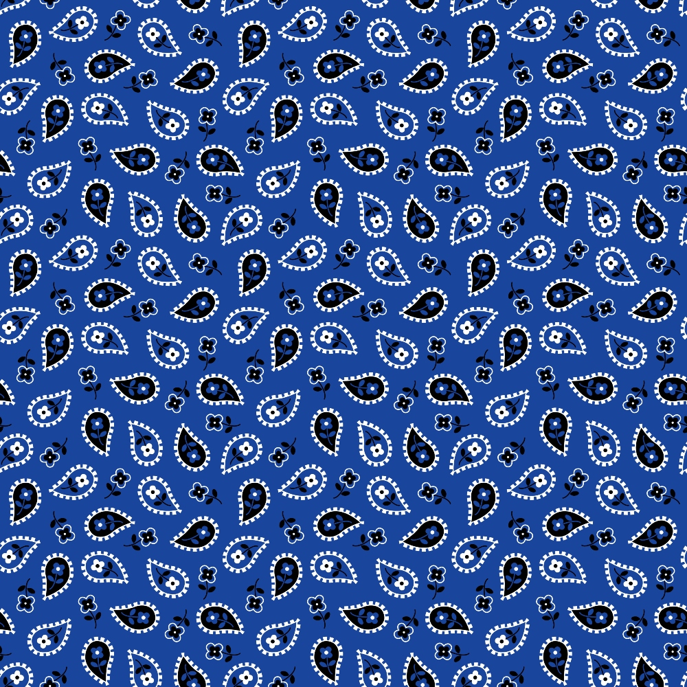 Blue background with a repeating pattern of black and white paisley designs and small flowers.