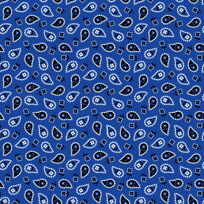 Blue background with a repeating pattern of black and white paisley designs and small flowers.