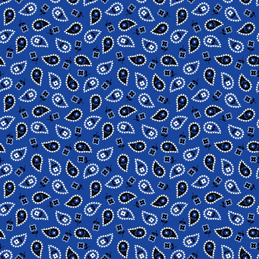 Blue background with a repeating pattern of black and white paisley designs and small flowers.